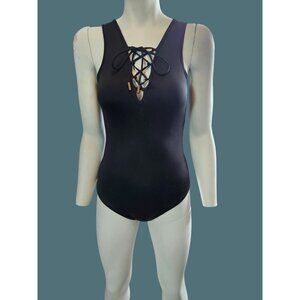 Pol Black Lace-Up Front Feminine Back Sheer Bodysuit Women Size Small